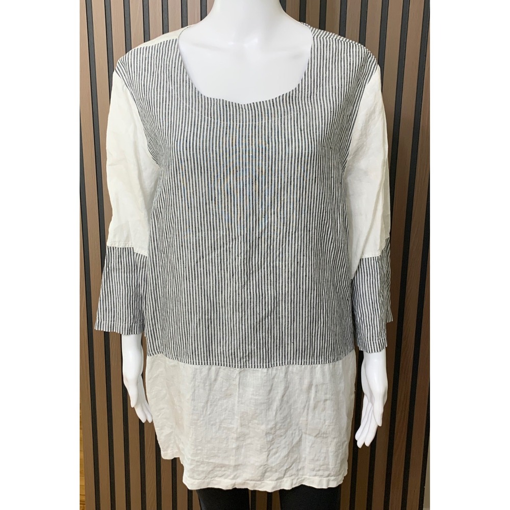 Coldwater Creek 100% Linen Striped Colorblock Tunic Top Navy White 2X Lagenlook